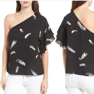 🍒 2/$20 🍒 Trouve Black Blouse with White Feather, One Shoulder sz M